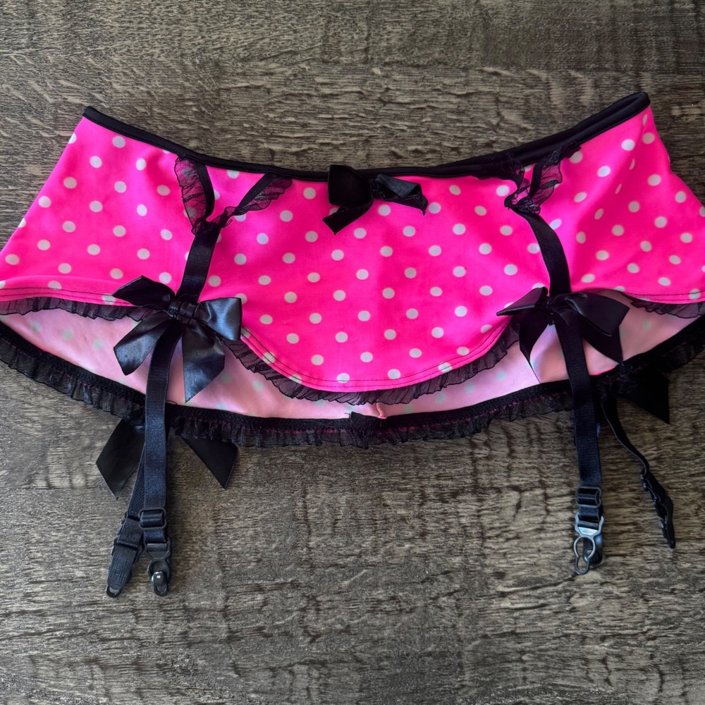 Y2K Garter Belt Skirt Pink Polka Dot Vintage Forplay Black Bow Burlesque S M